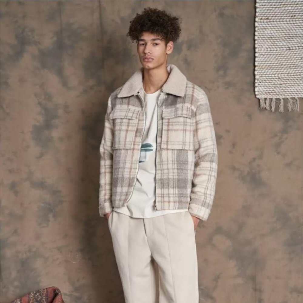 Brushed Check Print Faux Shearling Collar Jacket